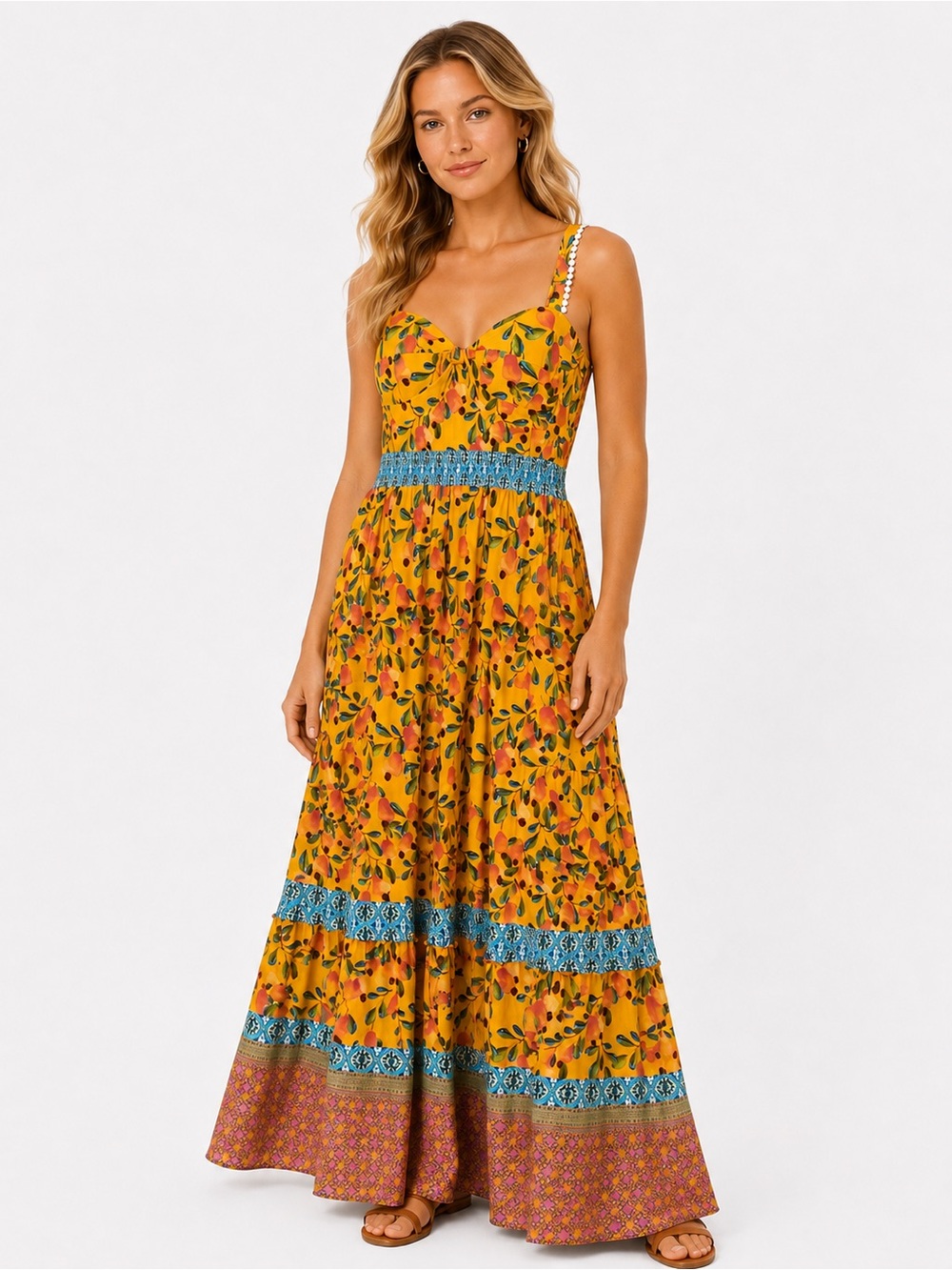 Farm Rio Size 10 Floral Layered Maxi Dress in Mustard Yellow